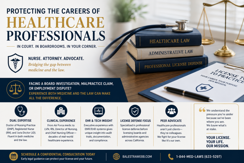 Healthcare license defense attorney illustration with legal books, medical equipment, and scales of justice representing Nurse Attorney Nick Webb's practice protecting healthcare professionals facing board investigations and licensing disputes.